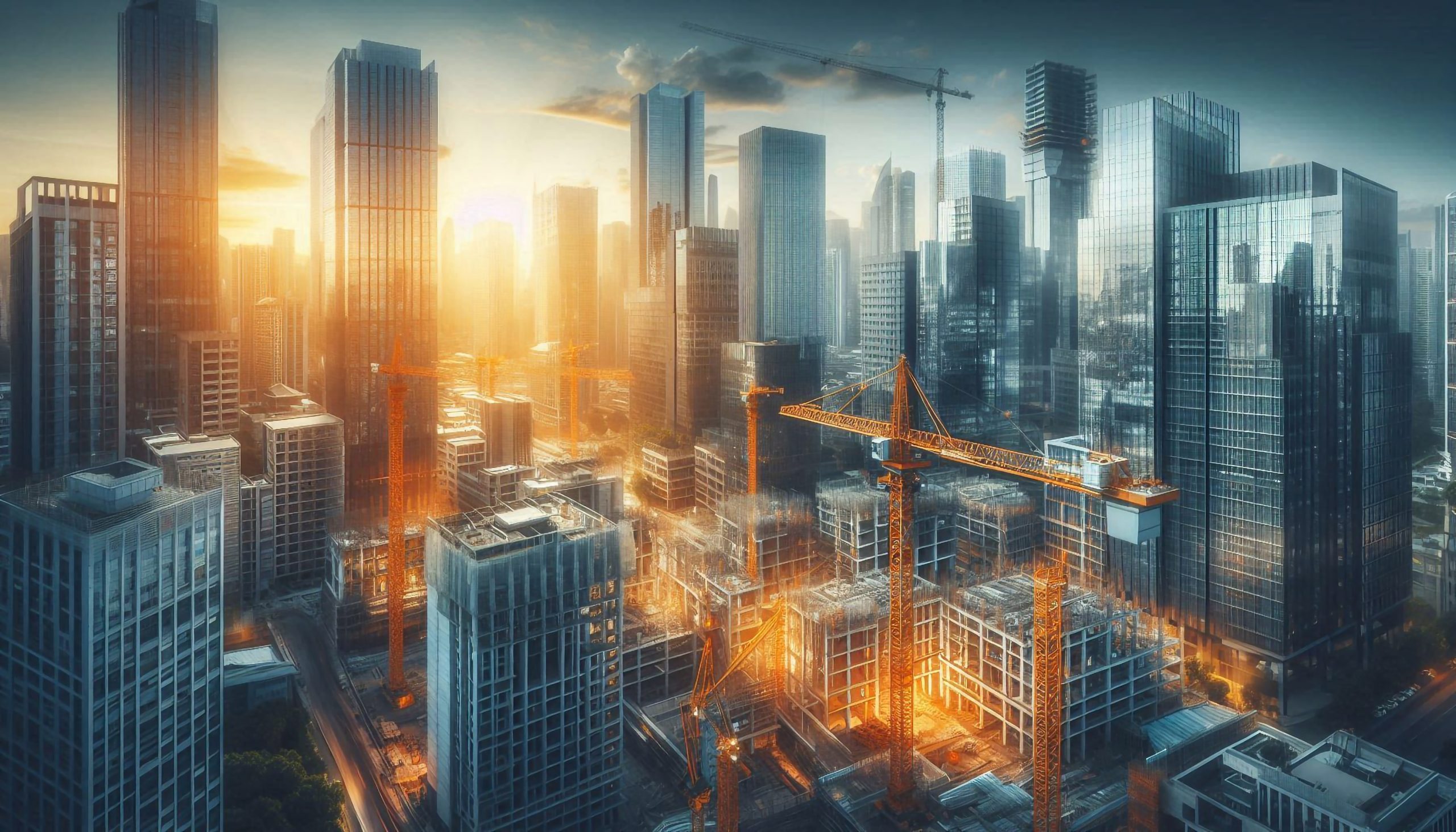 Construction site with yellow crane amidst modern buildings